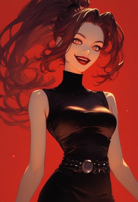 score_9, score_8_up, score_7_up, source_anime,
high quality, highly detailed illustration of, top view, half body shot, gorgeous woman,
skinny body, high ponytail, smile, open mouth, looking at viewer, small eyes, dark eyes, red lips,
wearing black turtle-neck top, black skirt, night club indoor, cozy red room