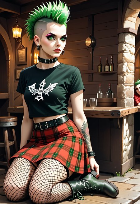 score_9, score_8_up, score_7_up, P0ll4, green hair, mohawk, short hair, undercut, makeup, green eyes, tattoo, breasts, collar, black t-shirt, midriff, belt, red skirt, plaid skirt, fishnet thighhighs, black boots, earrings, leaning against the outside wall of a pink medieval tavern, arms folded, highly detailed, high contrast, film grain, Rim Lighting