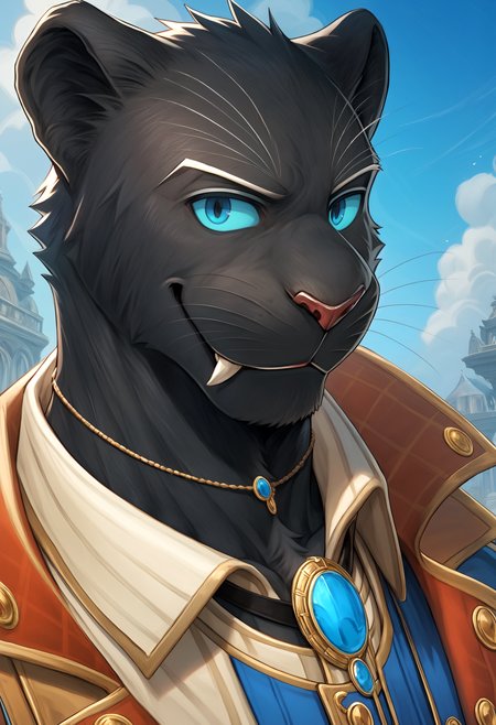 score_9, score_8_up, score_7_up, 8k, detailed design, detailed background, detailed characters, masterpiece, anthro only, furry only, 1boy, solo,  <lora:GranruthCrave_Saga-000002>, granruth, furry male, black fur, gloves, blue eyes, coat, vest, panther boy, jewelry, blue sclera, looking at viewer, close up, smile, smirking,  outside,