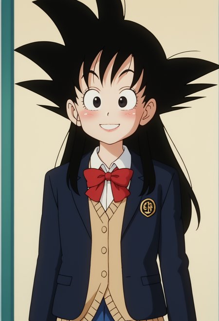 score_9, score_8_up, score_7_up , , source_anime, intricate details, masterpiece, high quality, prefect hands, best quality,, 1girl, solo,  upper body , anime screencap,
,school , 
smile
, GGoku , black hair, black eyes, big eyeballs , spiked hair , long hair  ,    eyelash , lips  , cute , blush ,  small breast ,   chibi , <lora:GGoku-000003:0.7>,
 <lora:school uniform cardigan_pony_V1.2:1> school uniform,blue blazer, khaki cardigan, blue skirt