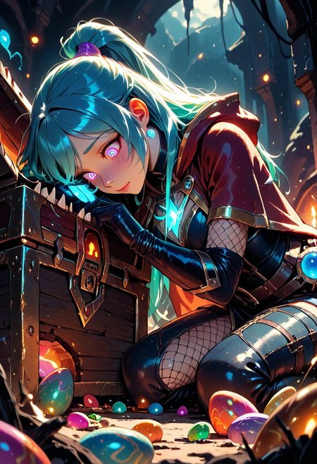 (masterpiece), (best quality), 8k, 1girl, fantasy adventurer girl, mesmerized, oblivious, cute treasure chest, cute Mimic, easter eggs, rainbow spiral eyes, Cute Mimic chest, Kneeling down, opening chest, whimsical dungeon interior, glowing magical torches, scattered loot around, soft warm lighting, stylized fantasy armor, fishnets, leather satchel, short cloak, colorful atmosphere, ponytail hair, playful fantasy mood, cinematic lighting, semi-realistic style, detailed environment, magical sparkles in the air,
Looking down, Looking at chest, Hands on mimic chest, 
Close up,  from the side,