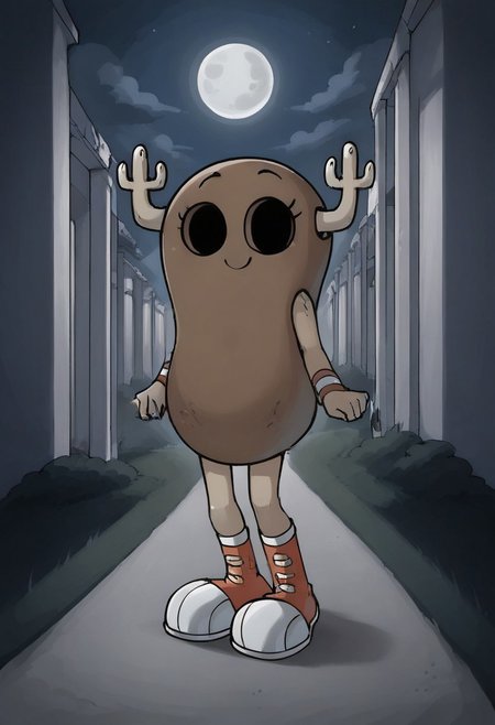 BREAK score_9, score_8_up, score_7_up, source_anime, 1girl, solo, pennyshell, empty eye sockets, two horns, shoes, night, moon, hallway, smile,