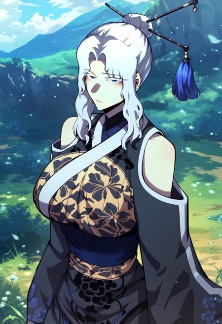 score_9, score_8_up, score_7_up, score_6_up, source_anime, rating_explicit, 1girl, solo, huge breasts,<lora:Talaris Endorma prefectPonyxl:0.9> single hair bun, hair ornament, hair stick, white hair, sidelocks, blue eyes, colored eyelashes, parted bangs, japanese clothes, floral print, black dress, bare shoulders, shoulder cutout, sash, long sleeves, wide sleeves, expressionless, grasslands, outdoors, looking at viewer