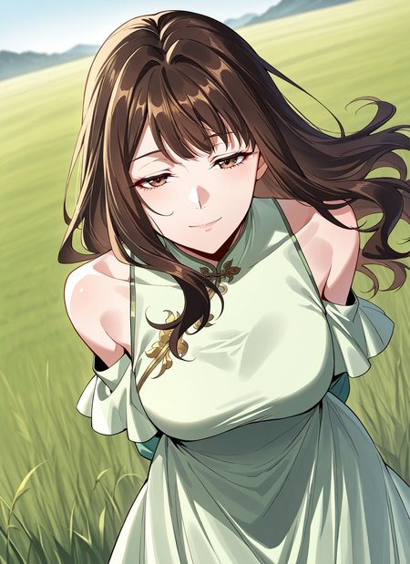 <lora:Lu_Luo:1>
1 girl, solo, long hair, brown hair, brown eyes, bangs
chinese clothes, green dress, bare shoulders, shoulder cutout, clothing cutout
score_9, score_8_up, score_7_up, very aesthetic, source_anime, detailed, high quality, beautiful, masterpiece, detailed eyes, field, blurry background, pose dynamic angle, upper body, cowboy shot, light smile, floating hair, half-closed eyes, hands behind back, leaning forward, looking forward, looking at viewer
