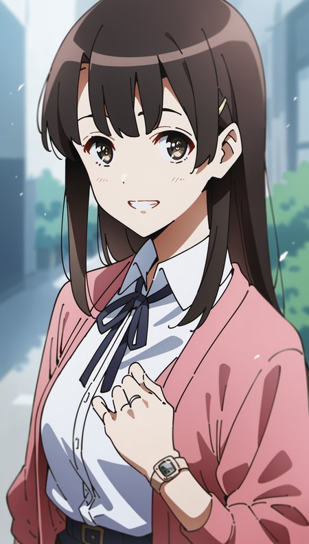 score_9,score_8_up,score_7_up,
<lora:megumikato:0.9>,
megumikato,
1girl,solo,black hair,bangs,long hair,hairclip,
brown eyes,pupils,looking at viewer,grin,
pink cardigan,white shirt,dark blue ribbon tie,wristwatch,finger ring,
portrait,
blurry background,vignetting,bloom,light particles,
