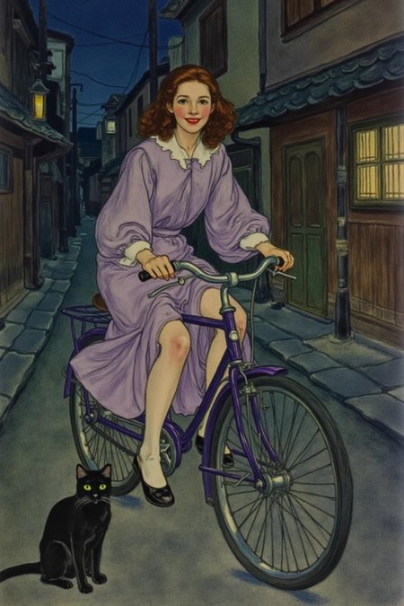 shippengreen1 illustration.
A Japanese school girl riding a old style bicycle through a narrow, quiet street at night. The happy woman wears a simple, flowing purple dress. In the corner, a small black cat with piercing eyes sits watching her quietly. The mood is tranquil and slightly magical.    <lora:shippengreen1_cap_d6a3:1.0><lora:837367676377542095:0>