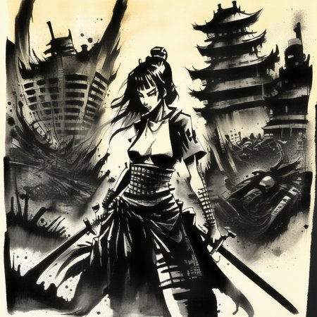 corcoc3s  samurai girl on the battlefield in the background of destroyed buildings and fighting people, black ink <lora:corcoc3s:1>