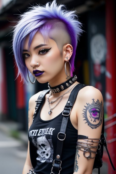 (Clothes boutique) Japanese punk girl,(JAV),punk wearing a ripped mesh tank top with safety pins holding it together,ripped acid wash jeans,studded biker boots, vibrant purple pixie cut, plethora of silver hoop earrings adorning her ears,eyebrow piercing, dark lipstick,plethora of chunky silver rings,spiked collar,fingerless gloves,provocative allure,intricate background,<lora:Jasmine:1.3>,eye catchlights,