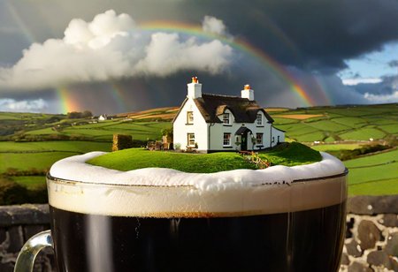 Hyperrealistic painting, traditional Irish cottage, miniature scale, perched on the creamy foam of a giant pint of Guinness, rolling green hills, dramatic clouds, a rainbow arcing over the scene