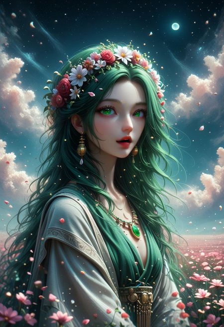 score_9, score_8_up, score_8_up,  female, hight quality, best art, detailed , good quality, rendered details. Adorable.  Hight resolution. perfect.  Slim figure, estetic, Erotic Girl,  long hairs, flower on head, ((ancient jewellery)), ((tatooed left part face)), ((diferent eyes: left eye blind and right eye is luminous red)), ((singing)), ((She Cast black magic spheres)), ((mgic shadow form round girl)), ((Ghosts figures fly over)), (( flower field)) ((Black Space air style, Giant  light green moon and behind  red planet, bring stars shine))