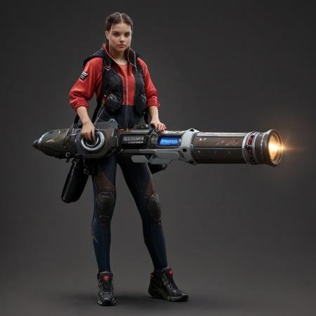 score_9, score_8_up, score_7_up, rating_safe, concept art, semi-realistic, 1girl, solo, Sci-fi.
Young beautiful face, fit body, 
HHWeapon, Holding weapon, ((Huge weapon)),
Holding weapon with two hands.
Cannon Gun.
Simple background.
