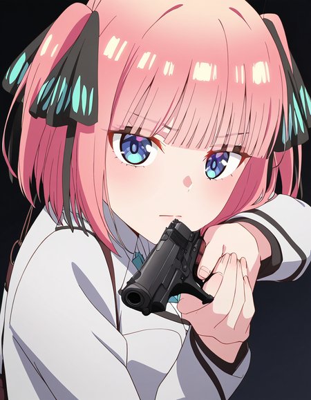 masterpiece, best quality, newest, absurdres, highres, safe,, <lora:nnakano-s2-ponyxl-lora-nochekaiser:1>, short hair, bangs, blue eyes, hair ornament, hair ribbon, pink hair, blunt bangs, two side up, butterfly hair ornament, large breasts, anime screencap,, <lora:center-axis-relock-stance-illustriousxl-lora-nochekaiser:1>, center axis relock stance, looking at viewer, holding, closed mouth, weapon, holding weapon, gun, holding gun, handgun, aiming, finger on trigger, aiming at viewer, m1911,, ,