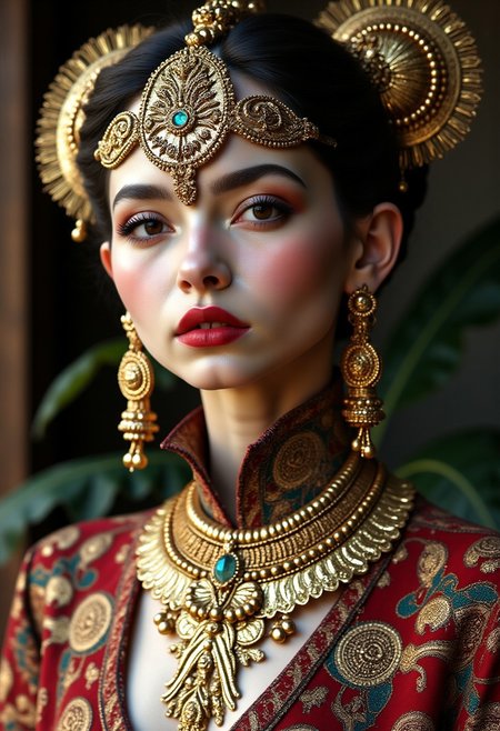 A asian person with masses of jewellery, rings, brooches, earrings, neck rings, far too much jewellery, (excessive jewellery)