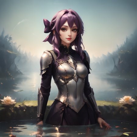 score_9_  score_8, score_8_up, score_7_up,  <lora:ShinoaXL1:1>, SHINOARND, PURPLE HAIR, BROWN EYES, BRAIDED HAIR, PURPLE HAIR BOW, medium breast, slim, short skirt , <lora:Armor from HaDeS XL v3.4 Lite:1>, (silver armor:1.3) ,intricate metalwork, master craftsmanship, detailed patterns, silver plate armor,  (leg armor), exquisite leather work, standing in middle of lake, submerged in water, mowing her fingers thru water, ultimate level of details, masterful lightning, looking at viewer, zPDXL ,  <lora:Smooth Anime 2 Style SDXL_LoRA_Pony Diffusion V6 XL:0.8>, <lora:princess_xl_v2:0.6>, , <lora:add-detail-xl:0.8> anime,  <lora:d4rk01lXLP:0.8> d4rk01l, (incredibly absurdres, (high resolution:1.18), intricate detail, (masterpiece:1.1), (highest quality:1.1), absurdres), best quality