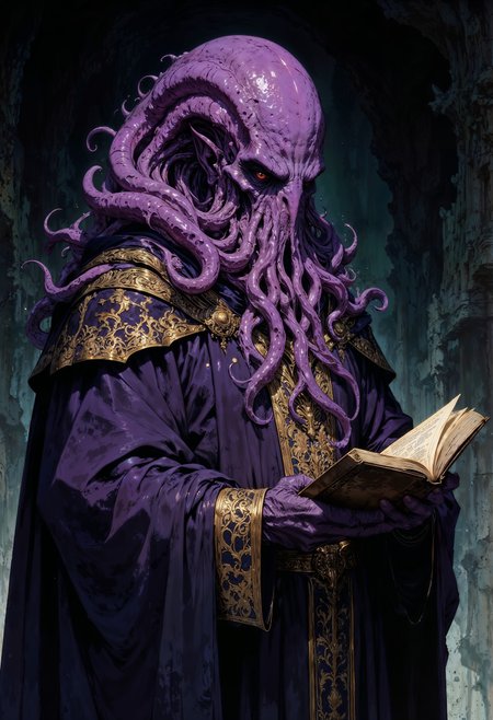 a digital artwork depicting an otherworldly figure with a blend of human and fantastical elements. The subject is a humanoid with a predominantly purple skin tone, resembling a cephalopod. The figure has a large, smooth, bulbous head with no visible eyes, nose, or mouth, and is adorned with numerous writhing tentacles that emerge from the top of the head, curling and twisting around the figure's body. The tentacles have a shiny, wet texture, adding to the eerie and alien appearance. The figure is dressed in a voluminous, dark purple robe with intricate gold trim and ornate patterns, giving it an air of mysticism and grandeur. The robe is draped over the shoulders and hangs loosely, with the sleeves partially covering the hands. The hands are holding an open, ancient-looking book with yellowed pages, suggesting a sense of wisdom or knowledge. The background is dark and shadowy, with indistinct shapes that hint at a cave or a mysterious, dimly lit chamber, enhancing the overall enigmatic and haunting atmosphere of the scene. The image is highly detailed, with a focus on texture and shading, making the subject appear almost three-dimensional and lifelike.