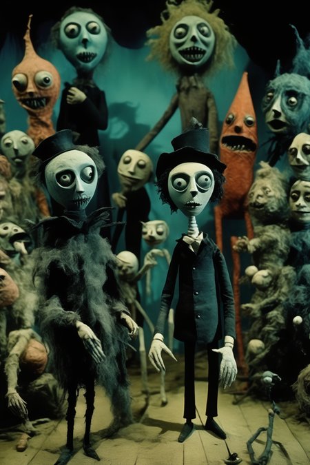 <lora:Director Tim Burton style:1>Director Tim Burton style - creatures_clay and puppets darks, macabres, bizarres_directed_by_Tim_Burton_carnaval, horror, film grain, large film noisea film still, German Expressionist,35mm film, surreal gradient color