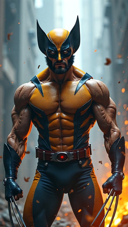 photorealistic image of "Wolverine" from Xmen,standing defiantly in a magical storm, athletic, emboldened , brave, embedding:EZRealPONYXL,  . Blurred motion, streaks of light, surreal, dreamy, ghosting effect, highly detailed