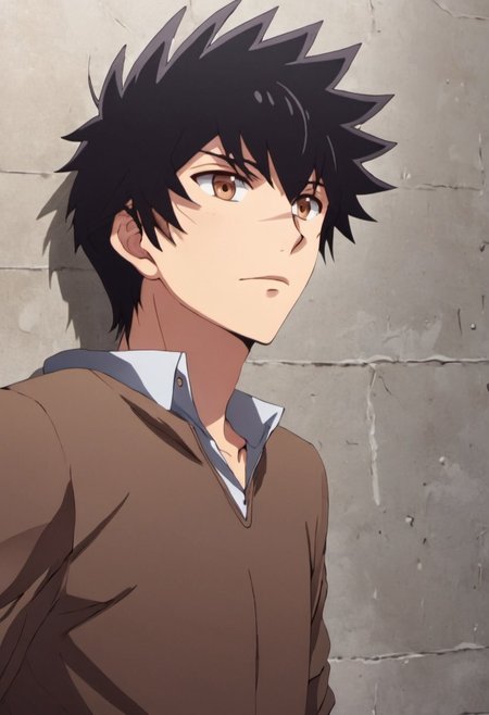 high resolution, solo, best quality, 1Boy, Kanata Hoshijima, Black hair, Brown Eyes, Against wall, hand near face, dominating, intense,