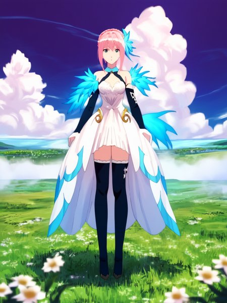 score_9, Score_8_up, Score_7_up, Score_6_up, masterpiece,  best quality, very aesthetic,  <lora:ShionneV2-08:1> 15 shionne 01b weddingdress, shionne 01b, pale skin, long hair, (blue eyes), wedding dress 1girl, solo, breasts, 1Girl, hair ornament, thighhighs, dress, bare shoulders, full body, pink hair, braid, detached sleeves, black thighhighss   <lora:detailed_backgrounds_v2:1> (scenery:1.3),  backgrounds scenery, complex background, grass, cloud, flowers,