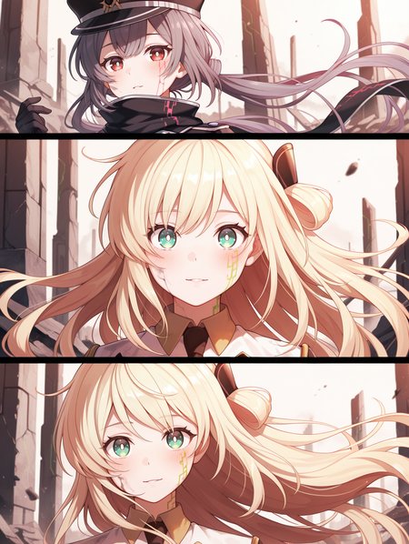 2girls,comic,looking at viewer,upper body,blush,floating hair,parted lips,closed mouth. light smile,white pupils,sidelocks,sky striker ace - raye,ordinary uniform,brown hair ornament,white cropped jacket,brown necktie,green glitch tattoo,sky striker ace - roze,black military uniform,black gloves,red glitch tattoo,ruins,outdoors,
masterpiece,best quality,amazing quality,very aesthetic,absurdres,newest,<lora:Sky striker ace - Raye & Roze illusXL v1.1:0.71>,