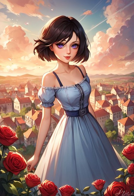 score_9, score_8_up, score_7_up, score_6_up, score_5_up, girl, Elizabeth (Bioshock), black hair, short hair, purple eyes, blue sundress, off shoulder, skinny, look at viewer, pale skin, tiny waist,  petite, innocent, small body, coy smile, medieval dress, rose, rose garden with cloudy sky, flying city, Sharp details Insane quality, Insane resolution, Insane details, Masterpiece, 32k resolution, epic Photo