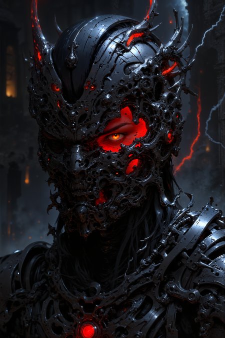 A close-up of a half-demon, half-machine warrior, his face partially covered by a sleek, black iron mask with stylized, jagged edges resembling demonic horns. His exposed skin is a deep red, with veins of glowing silver visible beneath. One eye, burning with an amber flame, contrasts with the cold, mechanical blue glow emanating from the other. Complex engravings twist down his neck, merging with the plated metal that encases half of his body. Behind him, the remains of ancient ruins float amidst a sea of black mist, occasionally pierced by crimson lightning strikes, highlighting his otherworldly features.<lora:FluxMythV2:0.9><lora:s1n0z1ck style FG Flux Lora:0.7><lora:flux.1_lora_flyway_Epic-detail_v2:0.65><lora:detailed_v2_flux_ntc:0.15><lora:- Flux1 - soothing_atmo_V2.0:0.45>