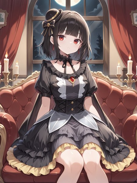 blunt bangs,moon of the closed heaven,1girl,solo,looking at viewer,couch,sitting,closed mouth,black frilled choker,black mini hat,black princess dress,expressionless,indoors,candlestand,candle,red curtains,windows,moon,o_o,night, yellow frills
masterpiece,best quality,amazing quality,very aesthetic,apussbsurdres,newest,<lora:Moon of the Closed Heaven illuXL v1.1:0.76>,