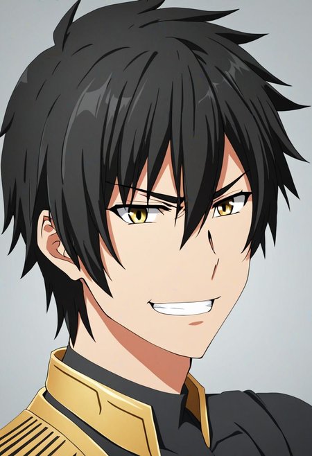 high resolution, solo, best quality, 1Boy, Kanie Seiya, Black Hair, portrait, looking at viewer, focused gaze forward, upper body, head upright, angry, smile, OverallDetail