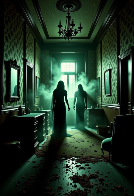 An Art Deco Hotel room visited by ghosts, Gothic style, scary, creepy, haunted, terror feeling.
Dark,mysterious,haunting,dramatic,ornate,detailed.