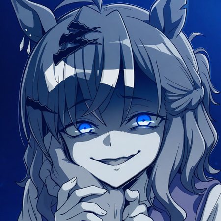 J_Pocket, 1girl, gesugao,evil smile, ebiblue, gesugao,, glowing eyes, colored eyes, shaded face,edgGesugao,sadistic smile,,blue theme, Jungle Pocket , JunglePocket ,horse ears, jungle_pocket_(umamusume), blue color, blue line art, (monochrome,  face focus, greyscale : 0.8) ,anime screenshot, anime screencap, umamusume style(BEGINNING OF A NEW ERA) style, simple background, hand grab another head