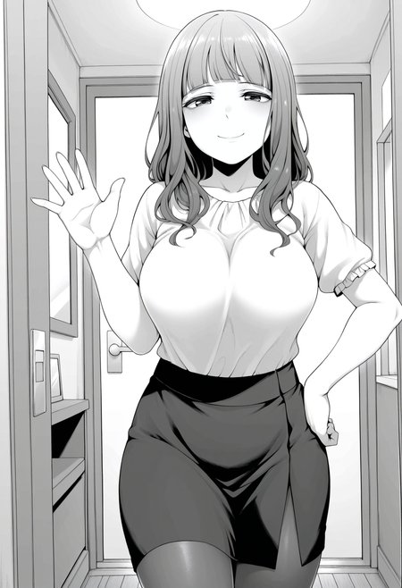 1girl,solo,mm,mature female,long hair,bangs,blunt bangs,large breasts,greyscale,monochrome,
shirt,skirt,pantyhose,hand on own hip, looking at viewer, waving,smile,indoors
,masterpiece,best quality,amazing quality,<lora:Dousei_Kanojo_to_Asa_made_Tsuyudaku_Hametaoshi:0.8>