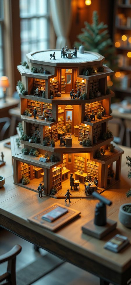 (indoors,indoor,isometric view,side view,tilt-shift lens:2), (fna_style,miniature,miniature,diorama,miniature,diorama,PVC,plastic:2),sunset,winter giant (multi layers of library with cafe hexagonal vertical:2.5) is located center, people, (in wooden square plate:3) (on table at study:3) <lora:Fantasy_Novel_Art_Style:1> <lora:Rostpunk:0.3>