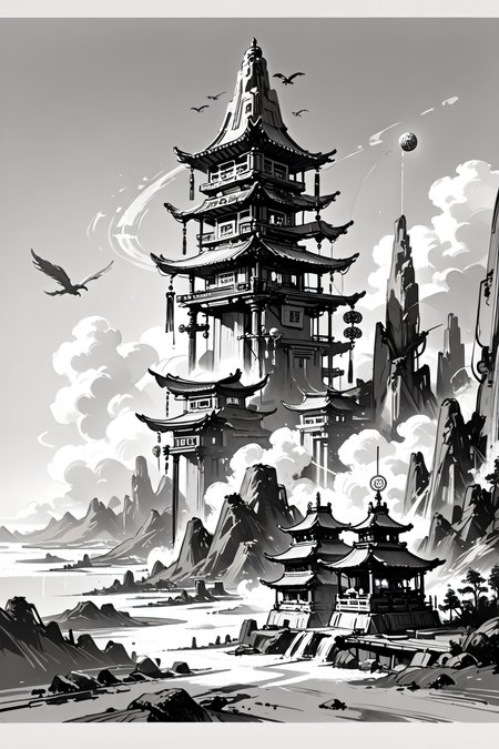 score_9,score_8_up,score_7_up,absurdres,incredibly absurdres,huge filesize,highres,
panorama,landscape,cinematic_angle,dutch angle,fisheye,contour_deepening,chinese traditional architecture,ancient chinese style,traditional architecture,
deep,dark,fantasy,do you like what you see?,
seven-story timber pagoda clinging to sandstone grottoes,(sutra-carved flying rafters:1.3),Northern Wei Dynasty bracket sets supporting cantilevered halls,glowing rock-cut Buddha niches with silk drapery,pilgrims ascending spiral stone steps through incense clouds,(golden dharma wheels rotating in wind:1.4),corroded bronze wind bells forming mantric chords,
<lora:ç»ªå¿ åå½±æ»¤é XUER guangying:0.5>,<lora:Eastern Asian Fantasy Illustration (Pony):0.5>,<lora:HerrscherAGGA2024_TF_Style_V1:0.5>,sketch,<lora:monochromemuse:0.6>,monochromemuse,monochrome,greyscale,ink splatter,<lora:Far_Future_Sketch_Illustrious__Pony:0.6>,monochrome,rough sketch,monochromatic,desaturated,messy line art,lat color,sci-fi,