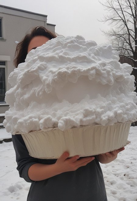 Girl holding ((huge massive fluffy pouffy Giant shavingpie)), outside, smiling