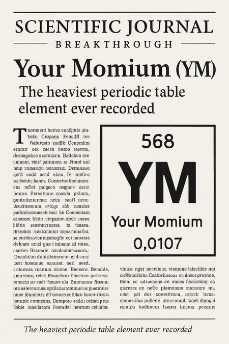 Scientific journal breakthrough highlighting "Your Momium" (YM) as the heaviest periodic table element ever recorded with illustration