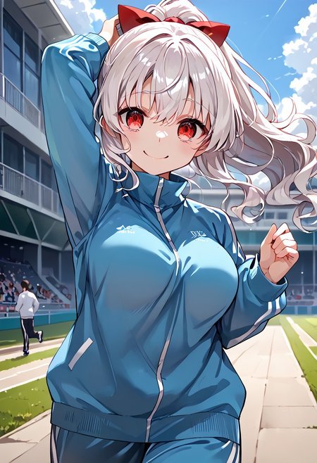score_9, score_8_up, score_7_up, source_anime, rating safe, outdoor, back shot, 1girl, 18yo, tracksuits, running, one arm up, white hair, long hair, wavy hair, ponytail, red eyes, upturned eyes,  expressive eyes, curvy, shy smile, large breasts, perfect hand, detailed, day, 8k, masterpiece, by koumashiro,