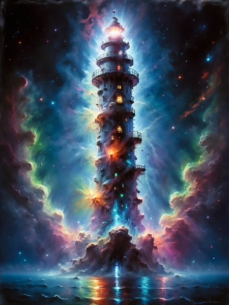 lighthouse in a mad-nbla, neon sign, bright lights, bright neon lights, <lora:Space_Nebula_Style_SDXL:0.8> <lora:John Berkey Style:0.8> John Berkey Style page, (masterpiece:1.2), best quality