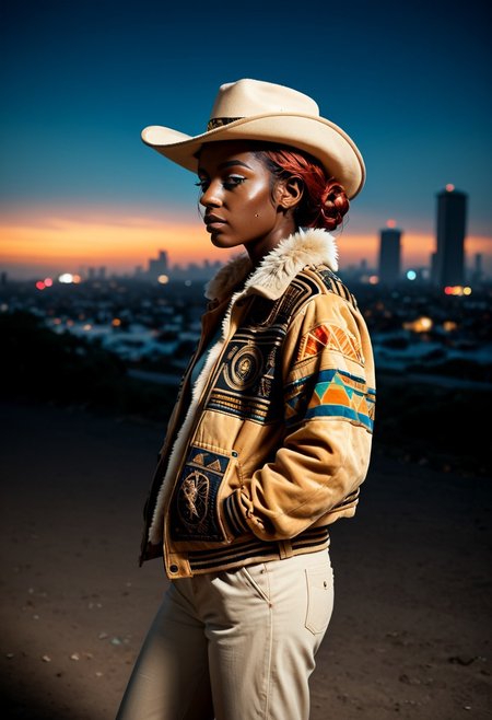 score_9, score_8_up, score_7_up, amazing quality, ((single character)), full profile photo, (full character profile:1.2), 80's film grain,
BREAK, background of industrial cyberpunk city with neon advertisements, outdoors, dark sky,
BREAK, (a dark skinned Egyptian woman with a curious expression:1.5), (fuzzy auburn hair in bun with a tan cowboy hat:1.3), (standing with hands in jacket pockets:1.2),
BREAK, wearing a colorful African styled top (green yellow red pattern) and grey sweat clothes underneath,