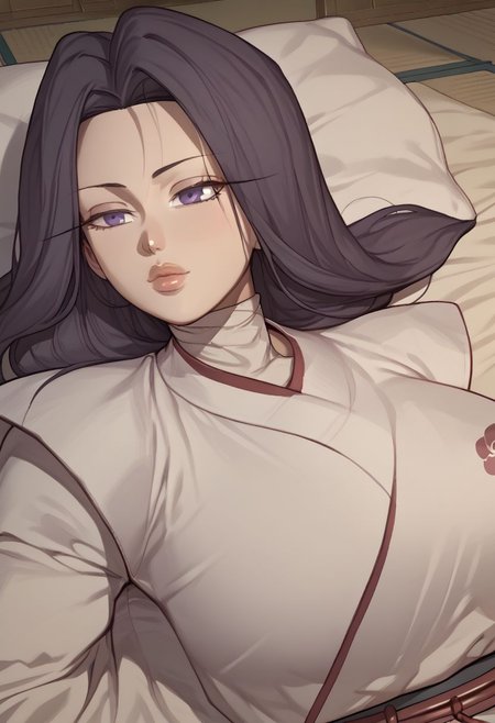 score_9, score_8_up, score_7_up, rating_explicit, 18 years old, beautiful female with long eyelashes and long hair, big breasts and pale skin, full_body, narrowed_eyes, naughty_face, wide_hips, colorful_theme, foreshortening, martial arts, (dutch_angle:1.45, large areolae), puffy areolae, original:1.45, (on back), cromachina, half-closed eyes, narrowed eyes, eyelashes, YooIseol, dark violet eyes, dark hair, long hair, martial art uniform, gl0ss