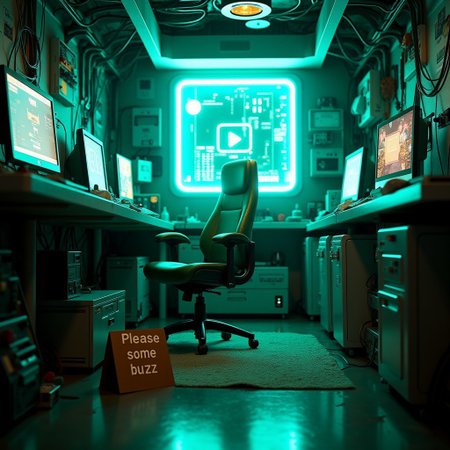 futuristic setting. inside a messy cyber-room is a green empty chair. there a futuristic computers and cables everywhere. a cyan glow is outside. in the room there is a futuristic messy table. on the floor there is a folding sign out of cardboard. on the sign is written "Please some buzz"