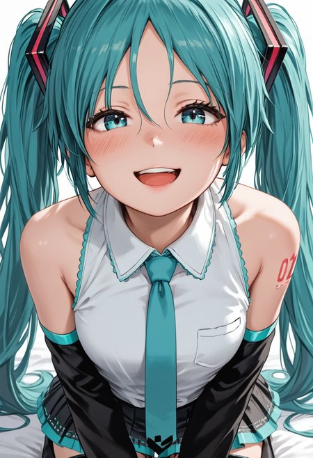 score_4,score_5,score_6,score_7_up,score_8_up,score_9 ((masterpiece,best quality,ultra detailed,highres,HD,4k:1.2)), 
1 girl,solo,face focus,
hatsune miku,absurdly long hair,aqua hair,twintails,hair ornament,sidelocks,hair between eyes,parted bangs,
white shirt,collared shirt,bare shoulders,sleeveless shirt,aqua necktie,detached sleeves,black sleeves,shoulder tattoo,fringe,black thighhighs,miniskirt,pleated skirt,zettai ryouiki,thigh boots
happy,smile,open mouth,blush,