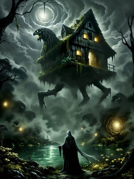 highly detailed dark fantasy-style painting of baba yaga, the witch, in front of her iconic hut on chicken legs, inspired by j.m.w. turner's shade and darkness - the evening of the deluge, eerie and foreboding atmosphere, romanticism, impressionism, surrealism, crepuscular rays, a mist-shrouded ancient primeval forest with otherworldly vegetation, thick with twisted, gnarled trees that loom menacingly over a swamp, tendrils of fog snake along the ground, dense underbrush cloaked in shadows, the landscape is wild, overgrown, and untamed, poisonous creeping vines and roots sprawled in every direction, and amidst the mist stands baba yagaâs infamous hut perched on two gigantic, otherworldly chicken legs, the hut appears crooked and unstable, yet it towers above the swamp, its twisted wooden structure covered in decaying moss and old, weathered runes, skulls and ominous talismans hanging from the roofâs edge, the foreground is filled with gnarled roots, glowing mushrooms, bioluminescent poisonous-looking swamp flowers, mossy rocks, and decaying leaves, in the background, ancient primeval trees stretch upwards into the mist, their branches clawing at the sky, the oppressive fog wraps everything in a suffocating grip, with baba yagaâs hut standing out in stark contrast, glowing faintly from within, baba yaga stands in the foreground, an old hag, her silhouette hunched, her long grey hair blowing wildly in the night breeze, she is cloaked in tattered robes of dark, earthy tones, her bony hands clutching a twisted wooden staff adorned with bone charms and feathers, her piercing eyes glow with a malevolent light as she gazes at the viewer, her expression twisted with a knowing, sinister grin of dark amusement, her hutâs massive chicken-like legs are mid-step, bent as it moves through the swamp, surrounded by swirling mist, the wooden structure ancient and weathered, the door slightly ajar as though beckoning to anyone foolish enough to approach, low-angle wide shot, the viewer looks up at baba yagaâs imposing figure and the towering hut, emphasizing their size and power, the hut looms ominously in the background while baba yaga stands near the foreground, her hutâs massive legs stepping through the swamp, casting ripples in the murky water below, the low angle creates a sense of looming danger and an overwhelming presence, the scene is dimly lit by the soft glow of the moon, with dappled moonlight filtering through clouds, faint beams of moonlight create dappled shadows across the swamp, the hut itself glows faintly from within, with eerie green and yellow light casting ominous reflections on the murky swamp waters, subtle backlighting from the moon gives baba yagaâs figure an ethereal yet malevolent outline, faint glowing sparks of magic trail from baba yagaâs staff, swirling with the mist, enhancing the dark, mystical feel, dark fantasy aesthetic with surreal elements, emphasizing mood and atmosphere, textures of decaying wood, damp earth, and creeping mist are prominent, creating a vivid sense of place and foreboding, df_style, style of anato finnstark, <lora:style-dark_fantasy-flux-by_crash:0.96> <lora:style-anato_finnstark-flux-by_tangbohu:0.96> <lora:image_enhancer-flux-by_dever:1.0>