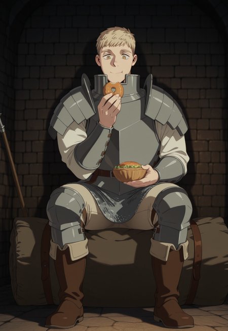 safe_pos, masterpiece, best quality, amazing quality, very aesthetic, absurdres, Dunmeshi_Laios, 
1boy, solo, male focus, blonde hair, short hair, yellow eyes, armor, gorget, pauldrons, cuirass, white shirt, arm guards, brown belt, chainmail, beige pants, knee guards, brown boots, sitting, on bedroll, eating, happy, dungeon, dark, full body, dynamic pose, perspective