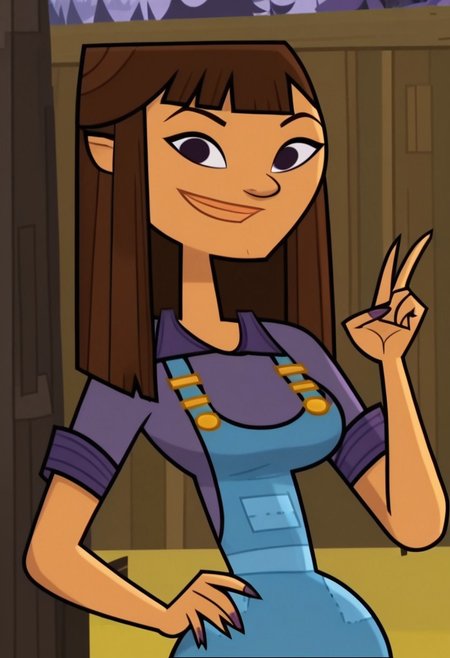 ((Forest background)),score_9, score_8_up, score_7_up,score_6_up, 
1girl, Solo, Hannah_DC, tan skin, dark purple eyes, long straight hair, brown hair, purple collared shirt, blue tight overalls, plum ankle boots, big eyes, tall stature, social smile, perfect eyes, perfect smile, looking at the viewer, big breasts, detailed eyes, perfect eyes, standing, (front pose, bust shot, close up to face, face portrait:1)