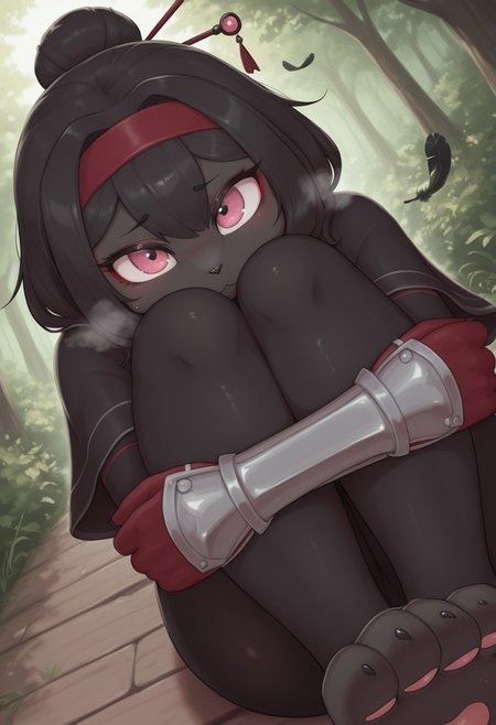 nigiruri,  outdoors, undershirt, falling feathers, black bodysuit, hair stick, hugging own legs, , gauntlets,   eyeshadow,   red gloves, black capelet, red hairband, pink eyes, medium hair, black hair, 1girl, solo,  dynamic angle, foreshortening, furry, furry female, anthro, paws, claws, pawpads, steam, smell, visible, breath