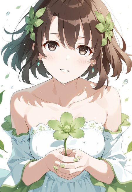 1girl, m3gum1kat0,brown hair, bangs, pupils,brown eyes,medium breasts, short hair,

,original,collarbone,ear ring,floating liquid,green theme,leaf,looking at viewer,looking up,piercing,solo,upper body,hands up,nail polish,wide sleeves,holding,detached sleeves,head tilt,sidelocks,strapless dress,white dress,flower,simple background,blush,holding flower,white background,water drop,smile,green flower,floating clothe,strapless,white theme,parted lips,bare shoulders,own hands together,fingernails,green nails,leaf hair ornament,dress,hair ornament,long sleeves,from above,light particles,hair between eye,white sleeve cuff