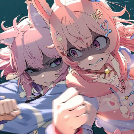  masterpiece, best quality, very aesthetic, 4k, ishii takamori, kotoyama, manga cover, duo focus, 2girls, pipkin pippa, (nyanners, nyatasha nyanners:1.3), shaded face, uneven eyes, frown, fighting, clenched fist, motion blur, dynamic pose