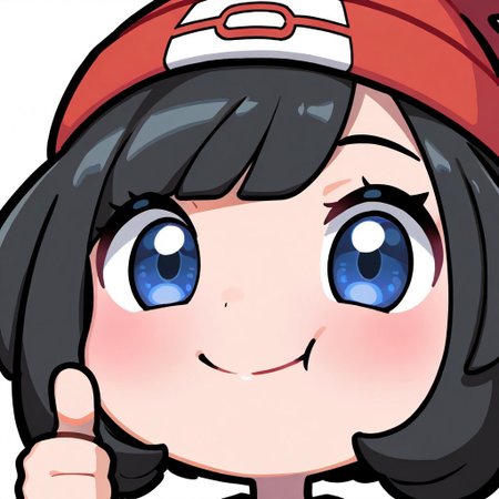 masterpiece, best quality, highres, 1girl, solo,, emote, chibi, face focus,, Selene_(Pokemon), beanie, blue eyes, black hair, happy, thumbs_up