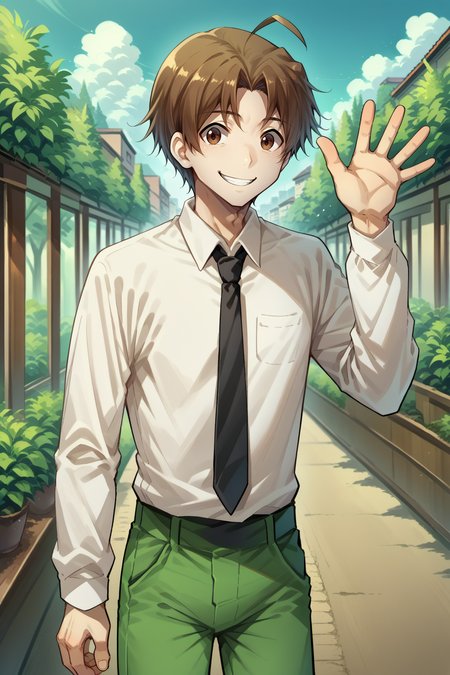 score_9, score_8_up, solo, 1boy, <lora:NSHisaoKatawa:1> NSHisaoKatawa, brown eyes, brown hair, short hair, ahoge, black necktie, white collared shirt, long sleeves, green pants, outdoors, slight smile, waving