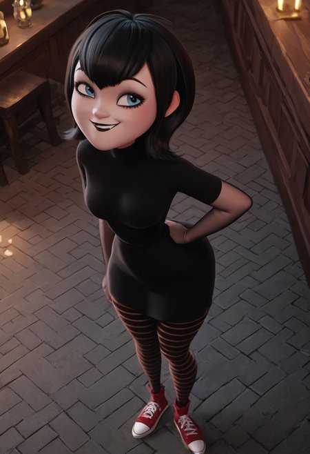score_9, score_8_up, score_7_up, ultra quality, solo, 1girl, black hair, short hair, blue eyes, fangs, black lips, black nails, black dress, grey elbow gloves, striped pantyhose, red sneakers, smug smile, hips focus, breasts, big hips, big butt, bubble butt, curvy, narrow waist, standing, looking to the viewer, view from above, close up, screencap